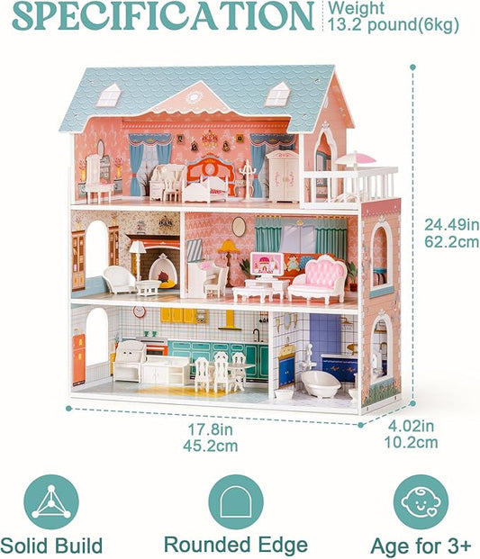Wooden Dollhouse for Kids Girls, Toy Gift for 3 4 5 6 Years Old
