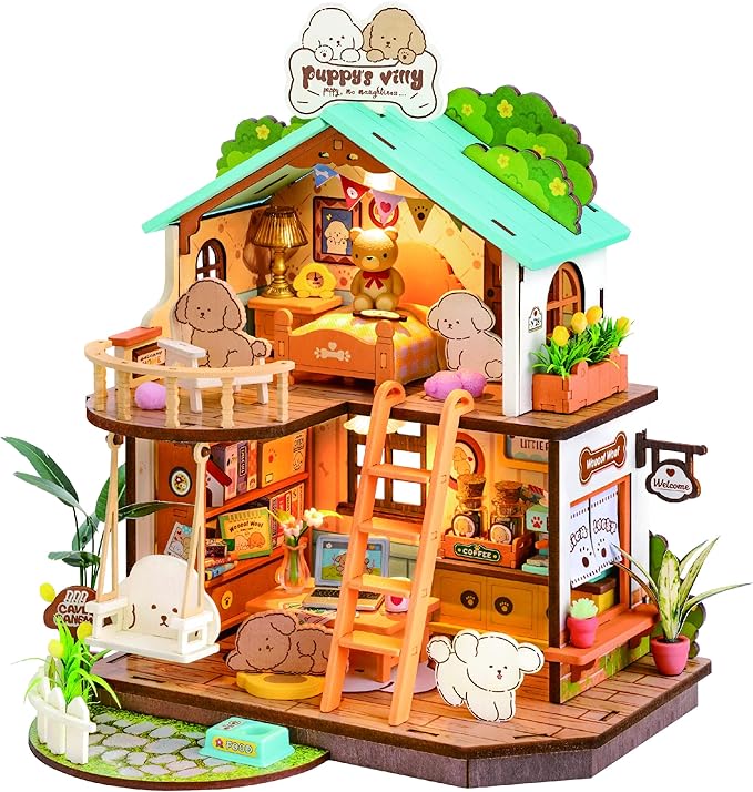 DIY Crafts for Adults Miniature Model Set, Tiny House Duplex Villa with Puppy