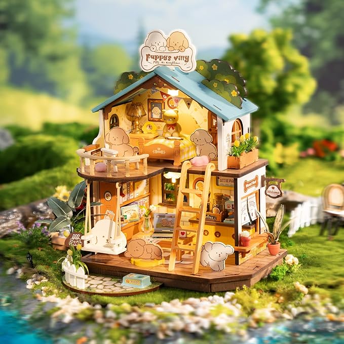 Mini Wooden Dollhouse Diorama Model, Tiny House Building Kits