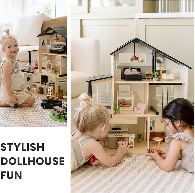 Dollhouse with Realistic Design, Wooden Dollhouse with 53Pcs